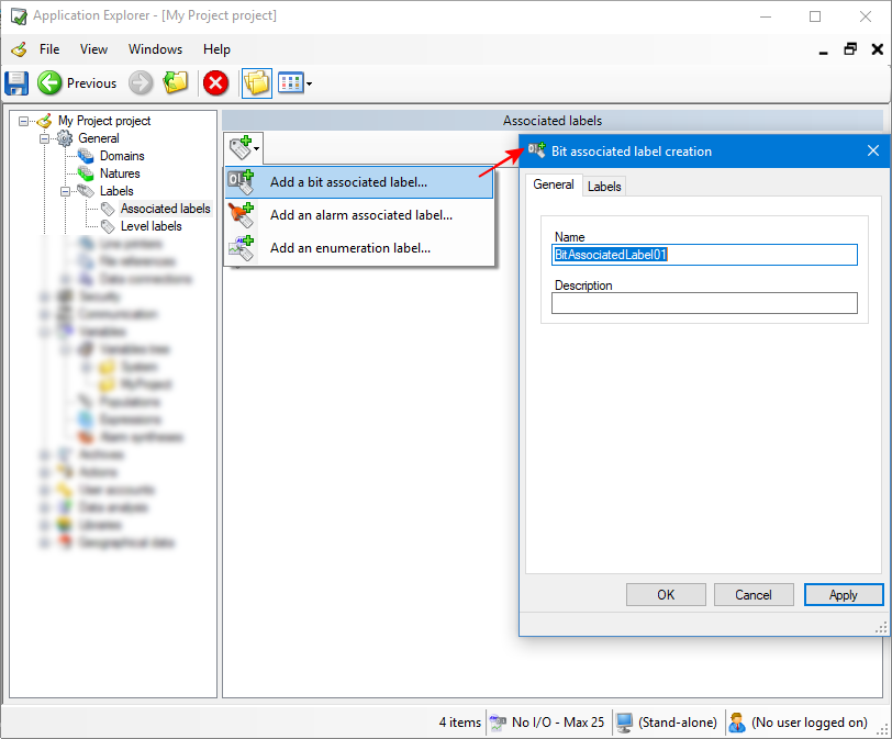 Bit associated label dialog