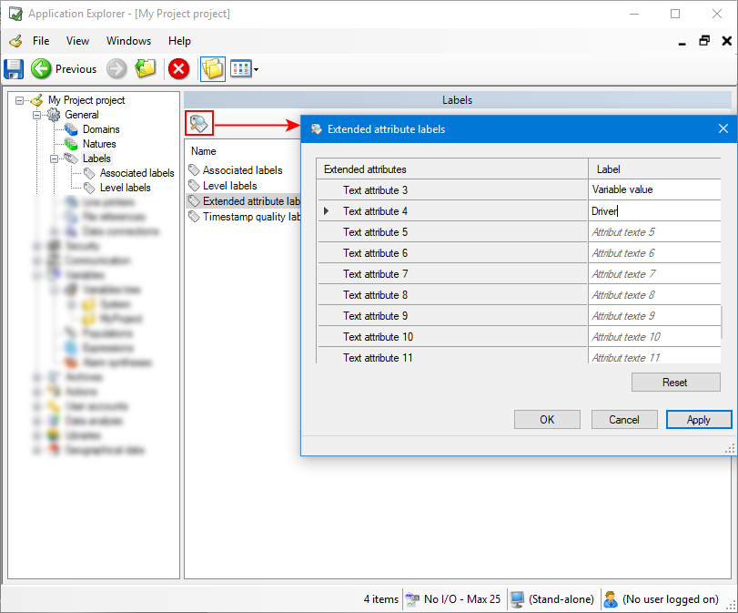 Extended attribute label dialog