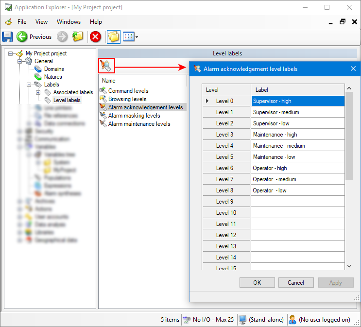 Alarm level label dialog