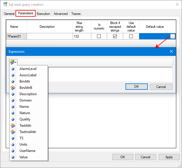 Parameters tab of Sql read query