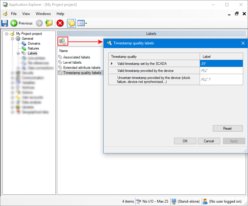 Timestamp quality label dialog