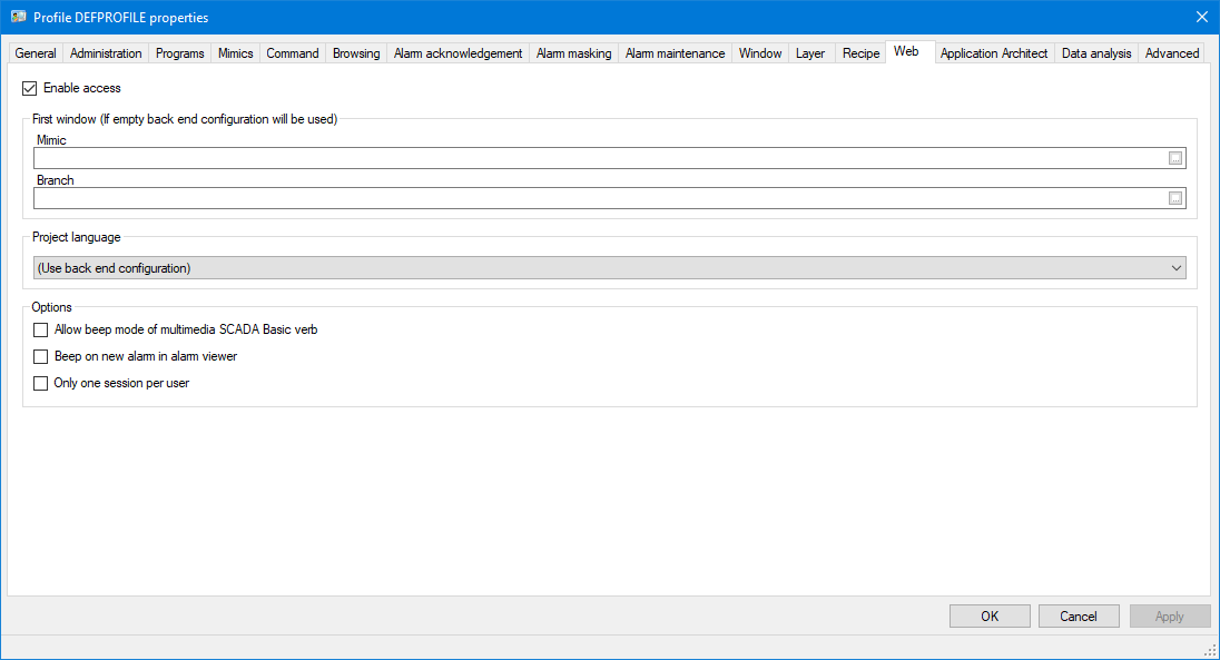 WebVue Profile Properties WebVue tab.