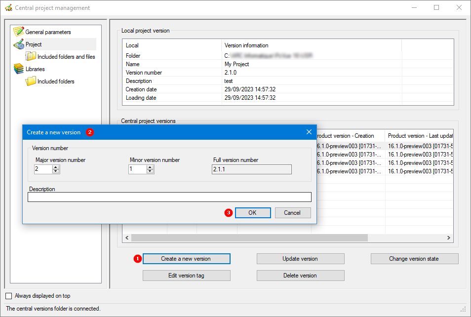 Creating project version in the Central project management