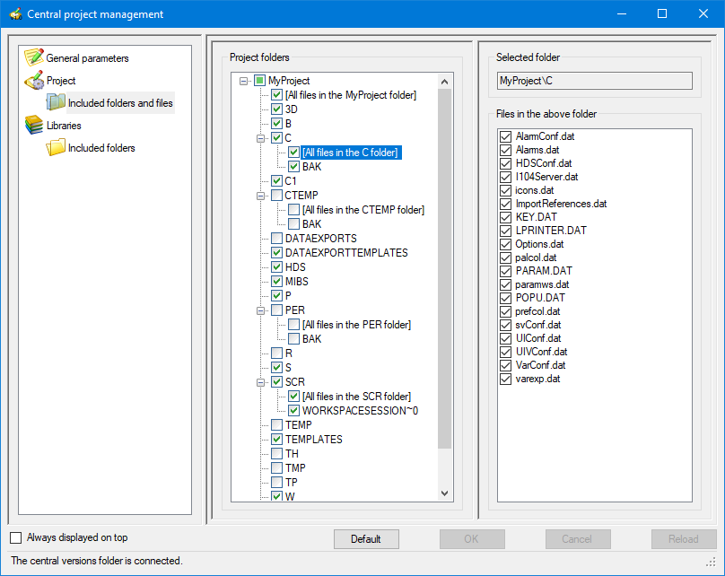 Included project folders and files tab in The Central Project Management dialog