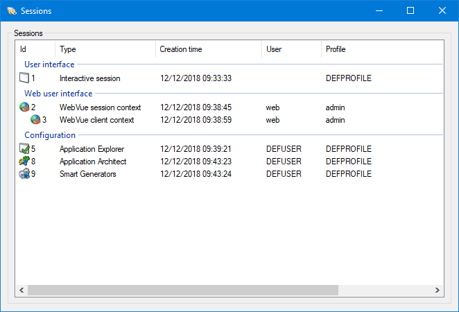 Runtime sessions dialog