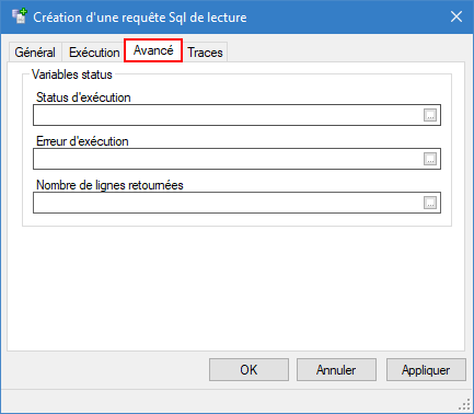 Onglet Avancé d'une requête Sql de lecture