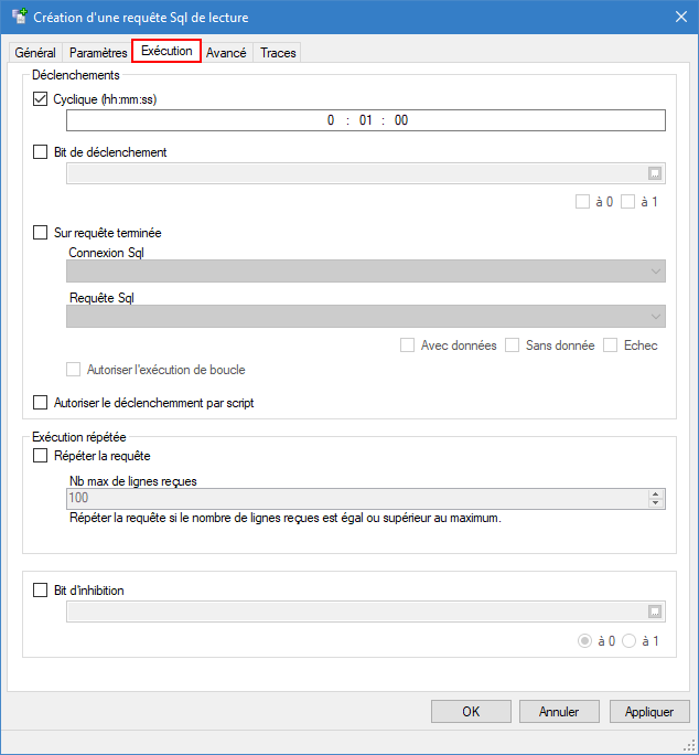 Onglet Exécution d'une requête Sql de lecture