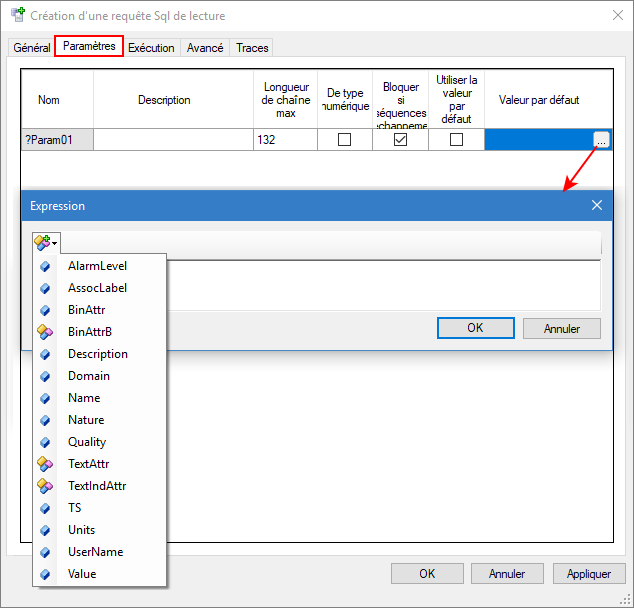 Onglet Paramètres d'une requête Sql de lecture