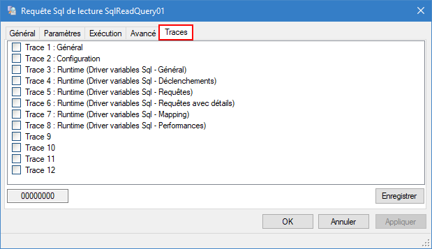 Onglet Traces d'une requête Sql de lecture