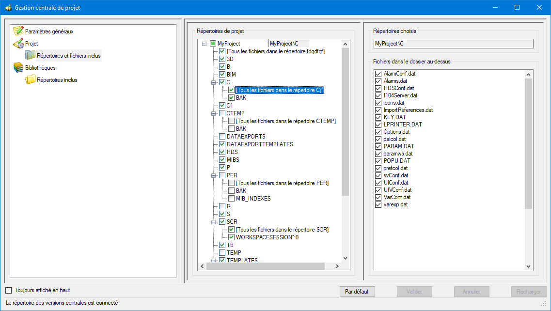 Onglet Répertoires et fichiers inclus dans la boîte de dialogue de Gestion centrale de projet 