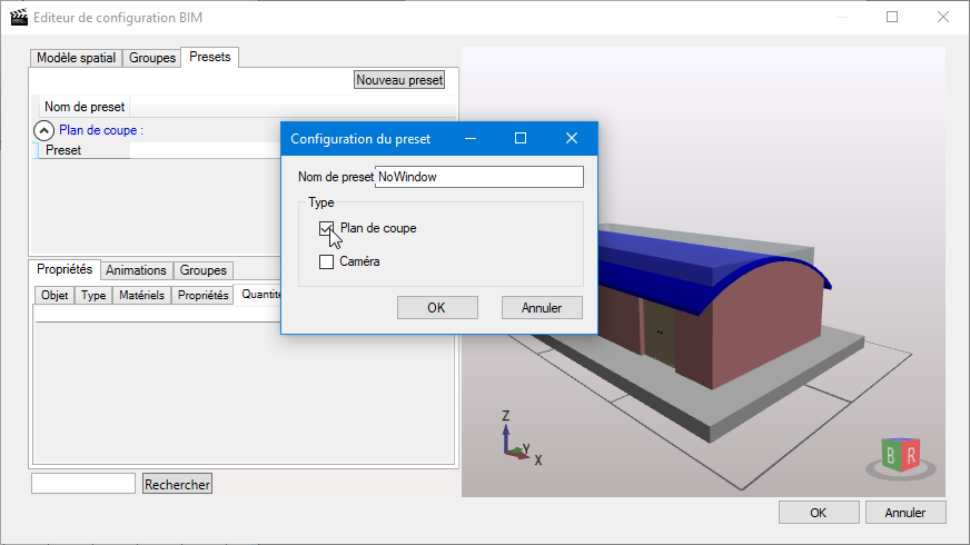 Preset du plan de coupe du contrôle BIM