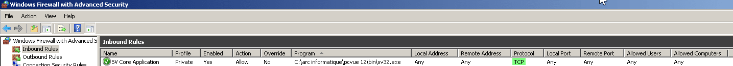 SV Core Application TCP inbound rule