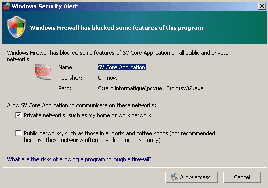SV Core Application Windows Security Alert