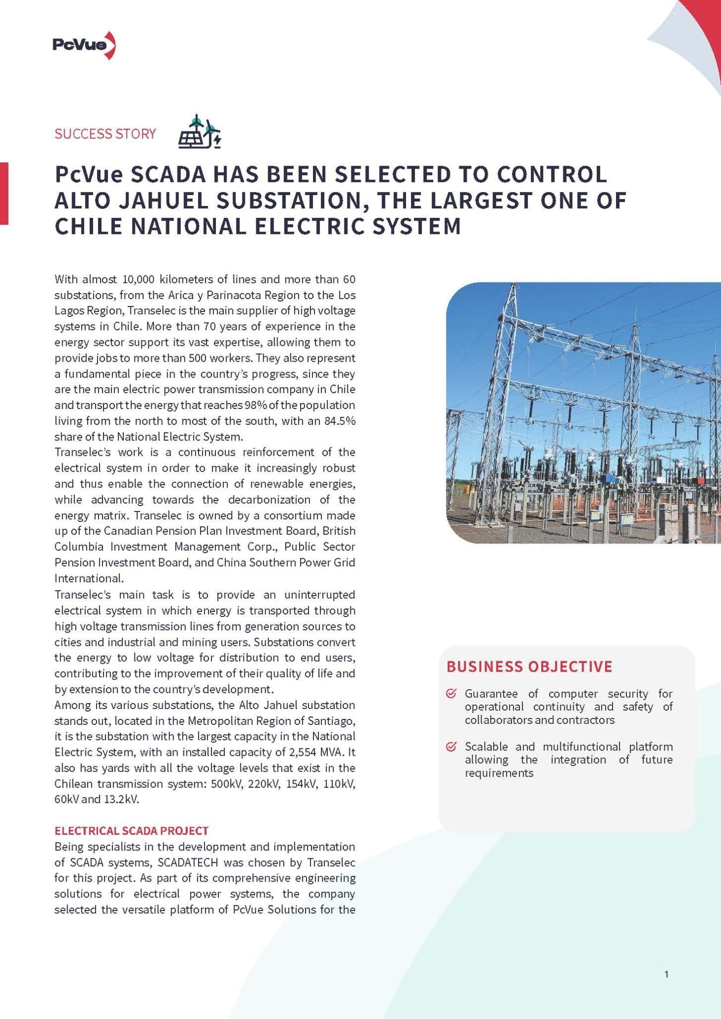 PcVue HAS BEEN SELECTED TO CONTROL ALTO JAHUEL ELECTRIC SUBSTATION