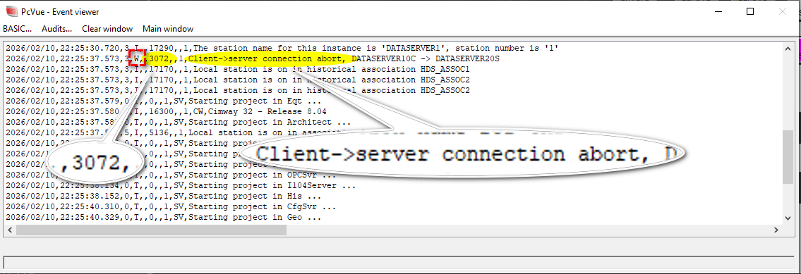 An image showing PcVue's event viewer with a warning about a client -> server connection abort, message number 3072.
