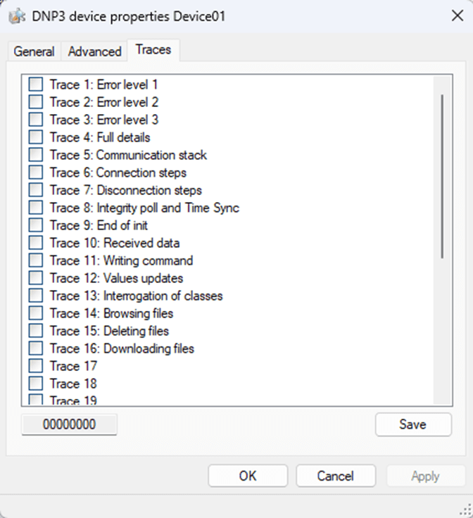 Traces tab of DNP3 device