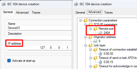General and advanced properties of an IEC 104 device